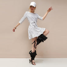 Load image into Gallery viewer, Women Autumn Dot Printed Dress Seven Sleeve O neck Elegant Ruffle A-line Mini Dress 2021 New Fashion Casual Bohemian Beach Dress