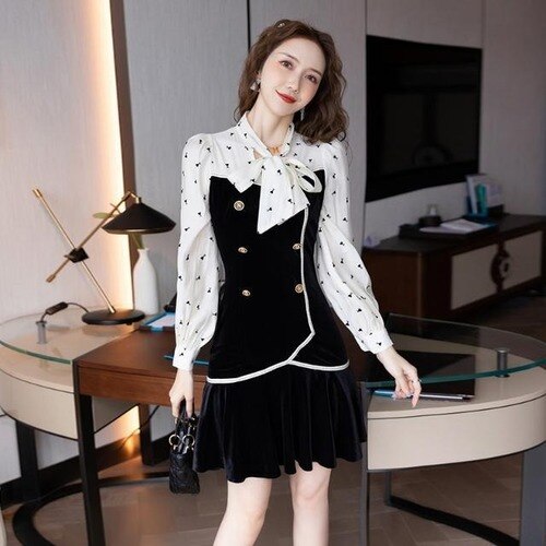 Women Autumn Fashion Sweet Mini Dress Long Sleeve Lace-up Collar Polka Dot Print Patchwork Slim Pleated Dress Female Vestidos