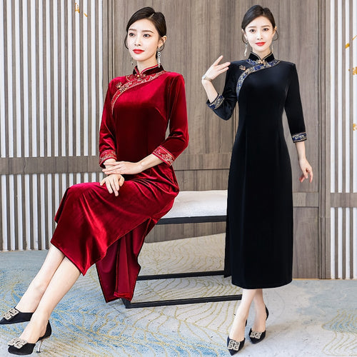 Women Autumn Velvet Improved Cheongsam Stand Collar Vintage Embroidery Buckle Split Fork Qipao Chinese Style Slim Midi Dress