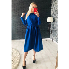 Load image into Gallery viewer, Women Autumn Winter Button Solid Straight Dress Office Lady O Neck Long Sleeve Dress 2020 Fashion Elegant Party Mid Length Dress