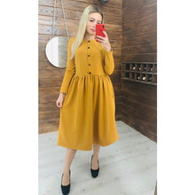 Load image into Gallery viewer, Women Autumn Winter Button Solid Straight Dress Office Lady O Neck Long Sleeve Dress 2020 Fashion Elegant Party Mid Length Dress