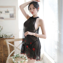 Load image into Gallery viewer, Women Backless Elegant Lace Up Sleepwear With T Pants Lady&#39;s Floral Embroidery Mesh Skirt Sets Sexy See Through Nightdress