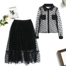 Load image into Gallery viewer, Women Black Mesh Two Pieces Set Polka Dot See Through Transparent Shirts Tops Tulle Skirts Lining Elastic Waist Pleated Jupes