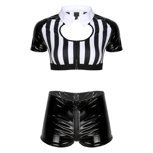Women Black White Stripe Referee Cosplay Costume Crop Top with Leather Shorts Adult Halloween Carnival Role Play Clothing Outfit