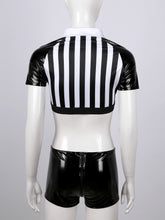Load image into Gallery viewer, Women Black White Stripe Referee Cosplay Costume Crop Top with Leather Shorts Adult Halloween Carnival Role Play Clothing Outfit