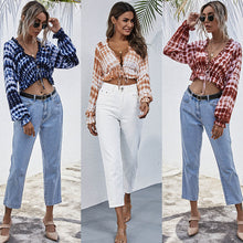 Load image into Gallery viewer, Women Blouse Tie Dye Sexy Deep V Neck Lantern Sleeve Tie Front Ruffle Hem Casual Loose Summer Cropped Shirts