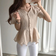 Load image into Gallery viewer, Women Blouses Office Lady Cotton Cotton And Linen Tops 2021 Summer Korean Fashion Slim V-neck Irregular Hem Shirts