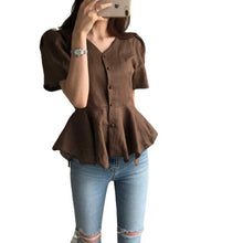 Load image into Gallery viewer, Women Blouses Office Lady Cotton Cotton And Linen Tops 2021 Summer Korean Fashion Slim V-neck Irregular Hem Shirts