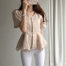 Load image into Gallery viewer, Women Blouses Office Lady Cotton Cotton And Linen Tops 2021 Summer Korean Fashion Slim V-neck Irregular Hem Shirts