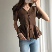 Load image into Gallery viewer, Women Blouses Office Lady Cotton Cotton And Linen Tops 2021 Summer Korean Fashion Slim V-neck Irregular Hem Shirts