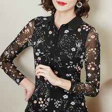 Load image into Gallery viewer, Women Blouses Shirt New 2021 Spring Autumn Long Sleeve Flower Print Mesh Tops And Shirt Plus Size Black Lady Shirt