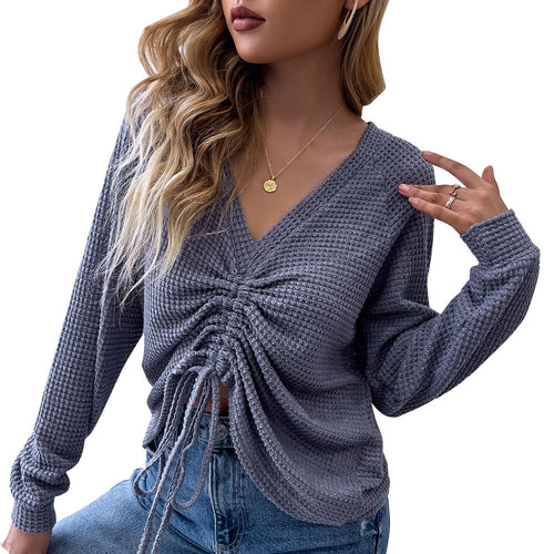 Women Blouses Solid V Neck Sweatshirt Casual Tops Long Sleeve Pullovers 2021 Fall T-Shirt Slim Shirt Sweatshirt Vintage Elegant