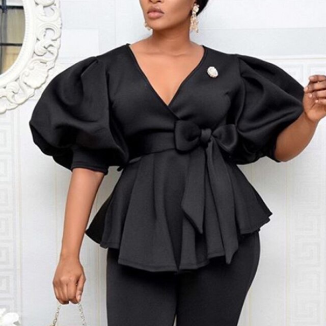 Women Blouses V Neck Short Lantern Sleeve with Sashes Peplum Ruffles Plus Size XXL Elegant Office Lady Work Shirt Female Blusas