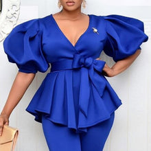Load image into Gallery viewer, Women Blouses V Neck Short Lantern Sleeve with Sashes Peplum Ruffles Plus Size XXL Elegant Office Lady Work Shirt Female Blusas