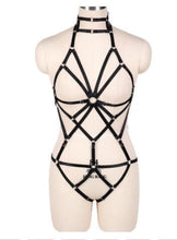 Load image into Gallery viewer, Women Blue Body Harness Bra Sexy Lingerie Full Set Punk Goth Night Rave Body Cage Top Panties Suspender Adjust Garter Belt