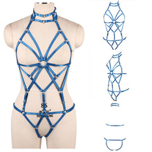 Load image into Gallery viewer, Women Blue Body Harness Bra Sexy Lingerie Full Set Punk Goth Night Rave Body Cage Top Panties Suspender Adjust Garter Belt