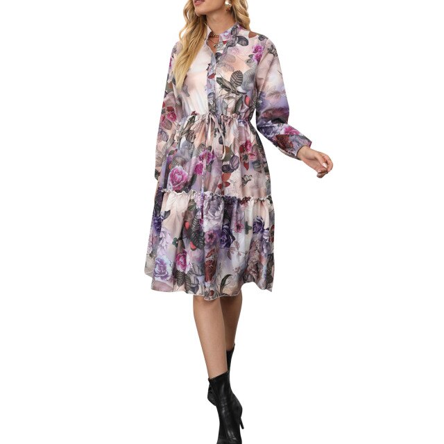Women Boho Dresses Summer 2021 Sexy Mock Neck Tie Waist Print Beach Dress Long Sleeve A Line Midi Dress Sundress Robe Femme
