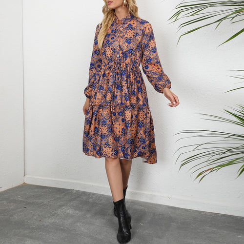 Women Boho Dresses Summer 2021 Sexy Mock Neck Tie Waist Print Beach Dress Long Sleeve A Line Midi Dress Sundress Robe Femme