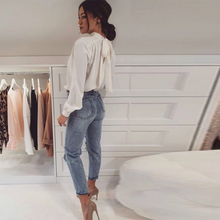 Load image into Gallery viewer, Women Casual  Back Bow Bandage Blouse Solid Stand Collar Long Sleeve Shirts 2020 New Fashion Autumn Elegant Office Ladies Blouse