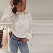 Load image into Gallery viewer, Women Casual  Back Bow Bandage Blouse Solid Stand Collar Long Sleeve Shirts 2020 New Fashion Autumn Elegant Office Ladies Blouse