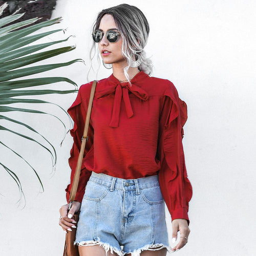 Women Casual Bow Stand Collar Ruffle Shirt Ladies Butterfly Long Sleeve Solid Tops 2020 New Fashion Spring Autumn Office Blouses