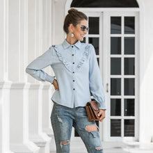 Load image into Gallery viewer, Women Casual Corduroy Ruffle Shirts Office Ladies Turn Down Collar Long Sleeve Blouses 2021 Autumn Winter New Elegant Solid Tops