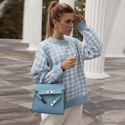 Women Casual Houndstooth Ladies Pullover Sweater Female Autumn Winter Retro Jumper Female Geometric Khaki Black knitted Sweater