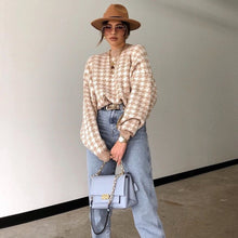 Load image into Gallery viewer, Women Casual Houndstooth Ladies Pullover Sweater Female Autumn Winter Retro Jumper Female Geometric Khaki Black knitted Sweater