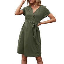 Load image into Gallery viewer, Women Casual Loose Solid T Shirt Dress V Neck Mini Dress Belted High Waist  Basic Dresses Vestidos Female Robe Summer New Dress