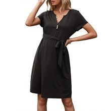 Load image into Gallery viewer, Women Casual Loose Solid T Shirt Dress V Neck Mini Dress Belted High Waist  Basic Dresses Vestidos Female Robe Summer New Dress