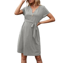 Load image into Gallery viewer, Women Casual Loose Solid T Shirt Dress V Neck Mini Dress Belted High Waist  Basic Dresses Vestidos Female Robe Summer New Dress