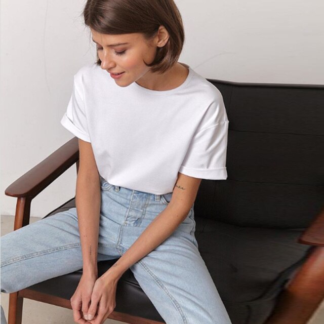 Women Casual Loose White Cotton T Shirt O Neck Short Sleeve Office Workwear 2020 Summer New Fashion Solid T Shirts Female