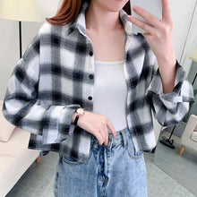Load image into Gallery viewer, Women Casual Plaid Short Shirt Lady Spring Autumn Fashion Korean Harajuku Long Sleeves Turn-Down Collar Shirt Blouse Streetwear