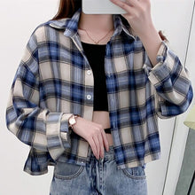 Load image into Gallery viewer, Women Casual Plaid Short Shirt Lady Spring Autumn Fashion Korean Harajuku Long Sleeves Turn-Down Collar Shirt Blouse Streetwear