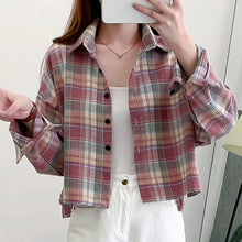 Load image into Gallery viewer, Women Casual Plaid Short Shirt Lady Spring Autumn Fashion Korean Harajuku Long Sleeves Turn-Down Collar Shirt Blouse Streetwear