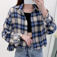 Load image into Gallery viewer, Women Casual Plaid Short Shirt Lady Spring Autumn Fashion Korean Harajuku Long Sleeves Turn-Down Collar Shirt Blouse Streetwear