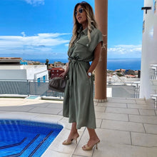 Load image into Gallery viewer, Women Casual Pockets Sashes A Line Dress Turn-Down Collar Batwing Sleeve Button Dress 2020 New Fashion Solid Midi Dress Vintage