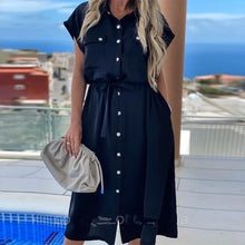 Load image into Gallery viewer, Women Casual Pockets Sashes A Line Dress Turn-Down Collar Batwing Sleeve Button Dress 2020 New Fashion Solid Midi Dress Vintage