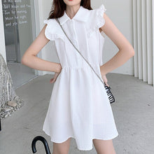 Load image into Gallery viewer, Women Casual Robe 2021 Summer New Sweet Turn Down Collar Chic Ruffle Sleeveless Vestidos Korean White Loose A Line Mini Dresses