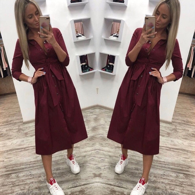 Women Casual Sashes a Line Party Dress Ladies Button Turn Down Collar OL Style Shirt Dress 2019 Summer Solid Knee Dress