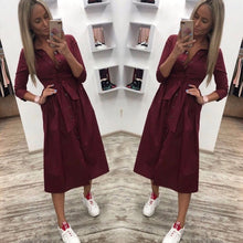 Load image into Gallery viewer, Women Casual Sashes a Line Party Dress Ladies Button Turn Down Collar OL Style Shirt Dress 2019 Summer Solid Knee Dress