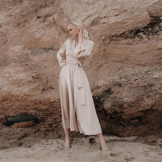 Women Casual Satin Maxi Robe Dress Solid Color Lantern Sleeve Sashes Dress 2021 New Fashion Spring Elegant A Line Party Dresses