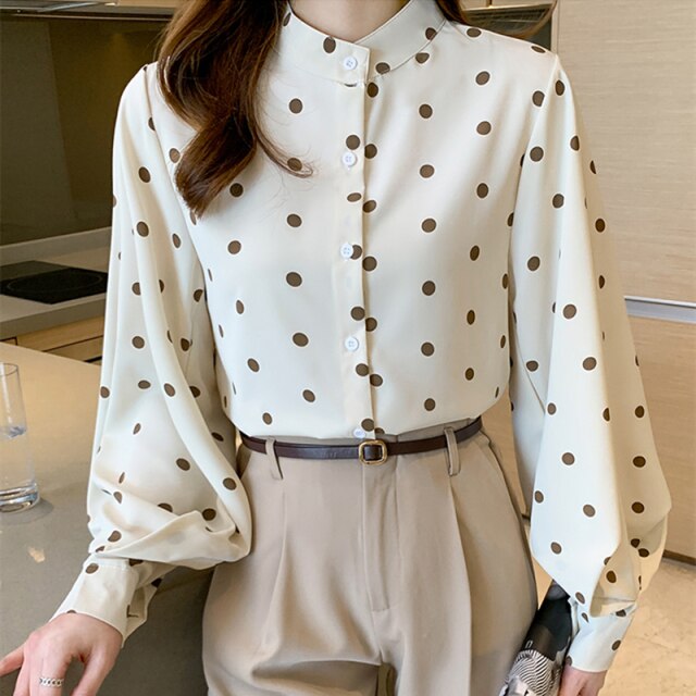 Women Casual Stand-Up Collar Shirts Lady Spring Autumn Fashion Korean Lantern Sleeves Buttons Polka Dot Blouse Streetwear Tops