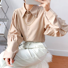 Load image into Gallery viewer, Women Casual Turn-Down Collar Shirts Ladies Spring Autumn Fashion Korean Lantern Long Sleeves Buttons Chain Blouse Streetwear