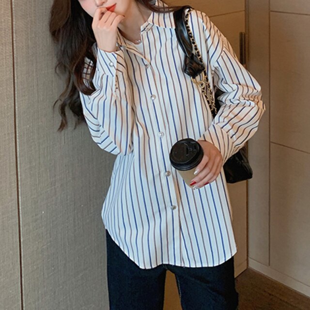 Women Casual Turn-Down Collar Shirts Lady Spring Autumn Fashion Korean Long Sleeves Buttons Striped Blouse Loose Streetwear Tops