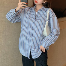 Load image into Gallery viewer, Women Casual Turn-Down Collar Shirts Lady Spring Autumn Fashion Korean Long Sleeves Buttons Striped Blouse Loose Streetwear Tops