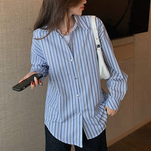 Load image into Gallery viewer, Women Casual Turn-Down Collar Shirts Lady Spring Autumn Fashion Korean Long Sleeves Buttons Striped Blouse Loose Streetwear Tops