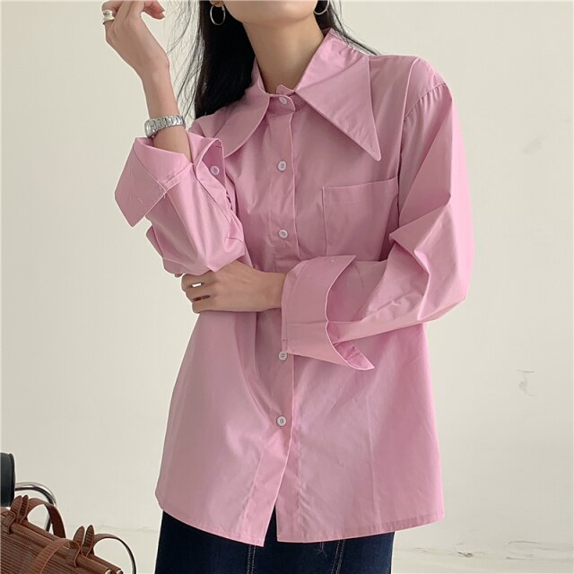 Women Chic Solid Shirt Office Ladies Casual Turn-down Collar Tops And Shirts Female Korean Long Sleeves Loose Blouses