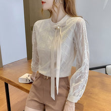 Load image into Gallery viewer, Women Chiffon Blouse Shirt New 2021 Spring Autumn Lace Tops Elegant Slim Bow Office Lady Shirt blusas
