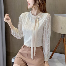 Load image into Gallery viewer, Women Chiffon Blouse Shirt New 2021 Spring Autumn Lace Tops Elegant Slim Bow Office Lady Shirt blusas